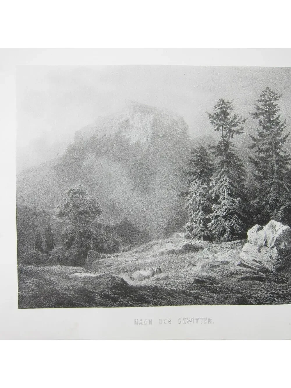 Antique Print Landscape After the Thunderstorm Cattle Cows Mountains Antique